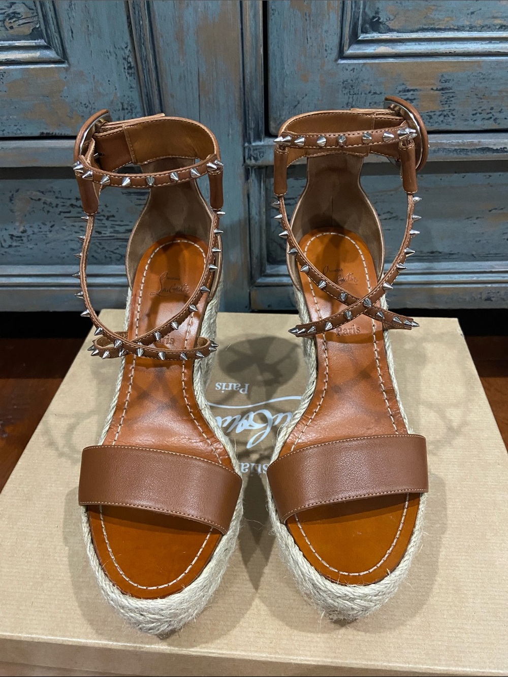 Christian Louboutin Tan Leather Espadrille Wedge Sandals with Studded Straps
